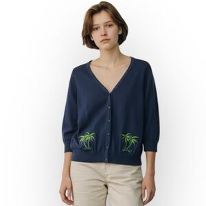 Collectif Modcloth Navy Blue Palm Tree Embroidery Button Front Crop Cardigan XL